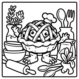 Cute pie monster wearing a small chef hat peeking out from a woven lattice pie crust on a kitchen counter with a rolling pin and mixing bowls.