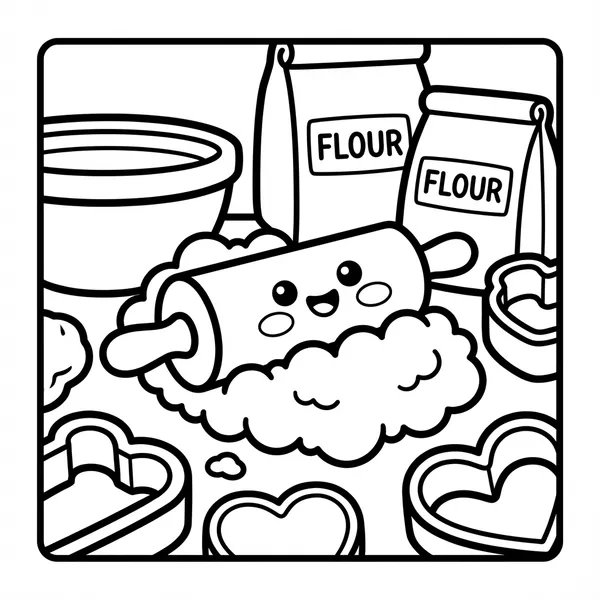 A happy cute rolling pin on top of rolled-out dough, surrounded by bags of flour, heart-shaped cookie cutters, and a mixing bowl.