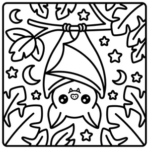 Adorable bat hanging from a branch surrounded by stars, ideal for bold line coloring pages.