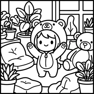 A cute chibi child in a fluffy bear costume with a hood and paw designs, standing in a cozy room with potted plants, cushions, and a teddy bear toy.