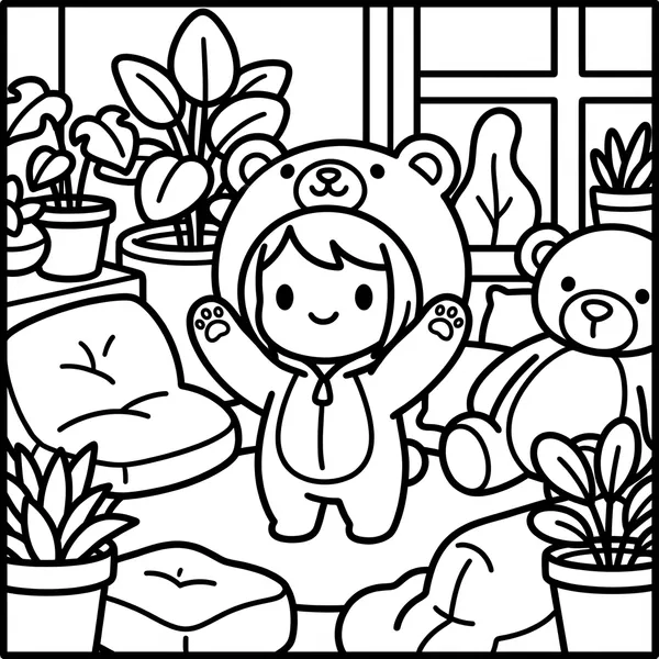 A cute chibi child in a fluffy bear costume with a hood and paw designs, standing in a cozy room with potted plants, cushions, and a teddy bear toy.