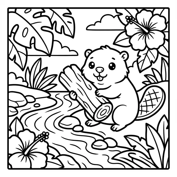 An adorable beaver holding a log, sitting by a stream with rocks, surrounded by large leaves, hibiscus flowers, and clouds.