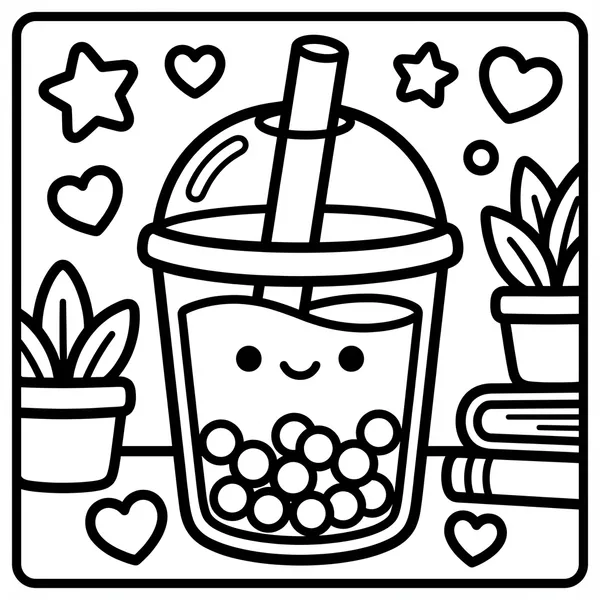 A cute smiling boba bubble tea cup with a dome lid and straw, filled with tapioca pearls and surrounded by floating hearts, stars, potted plants, and books.