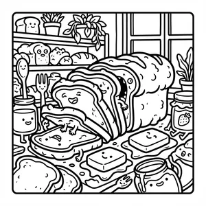 Sliced sandwich bread loaf monster with happy faces peaking out, standing near butter slices, jam jars, and tea cups.