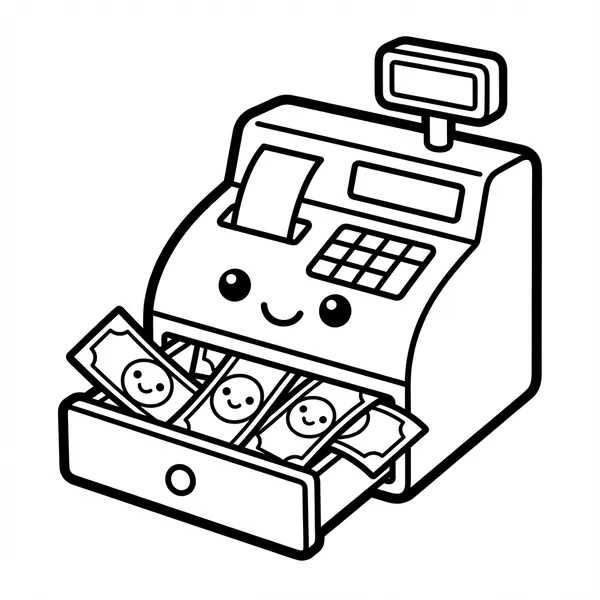 An adorable smiling cash register with an open drawer filled with happy paper money bills and a paper receipt.