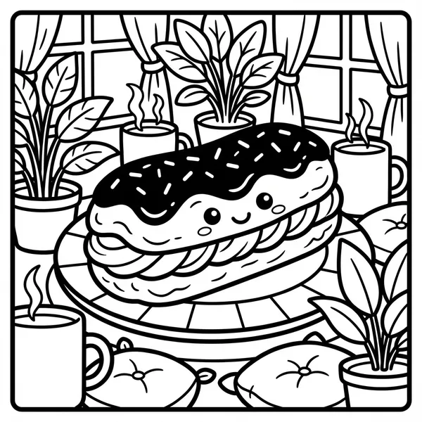 A cute smiling chocolate eclair filled with cream on a plate, surrounded by coffee mugs, potted house plants, floor cushions, and cozy window drapery.