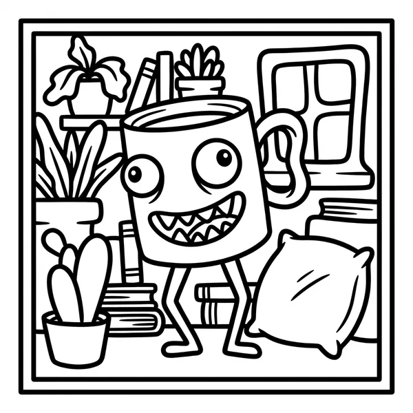 Friendly monster mug with large eyes and toothy smile standing on thin legs surrounded by houseplants, stack of books, and a window.