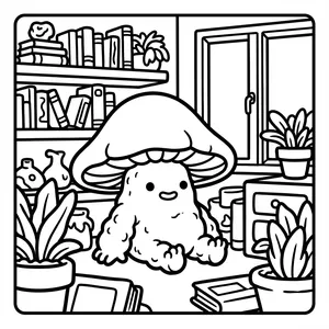 Cute smiling mushroom monster sitting on the floor surrounded by potted houseplants, bookshelves, and a window.
