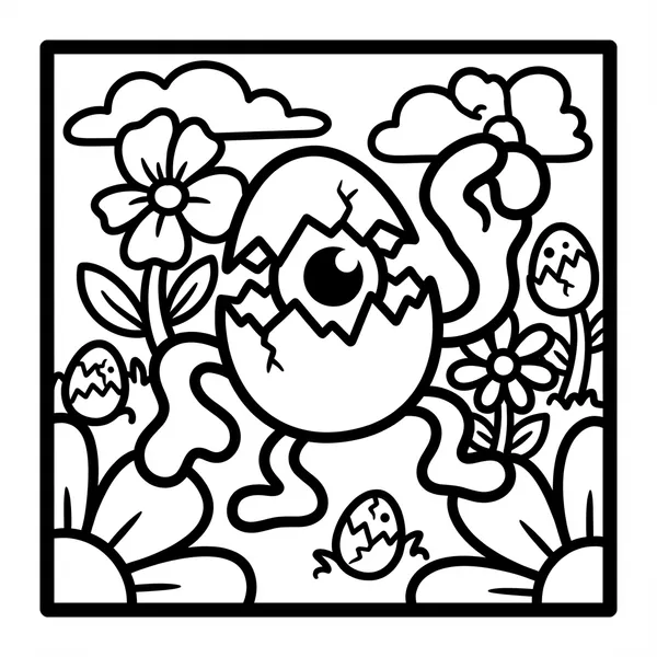 One-eyed monster hatching from a cracked eggshell in a flower garden surrounded by tiny hatching egg friends.
