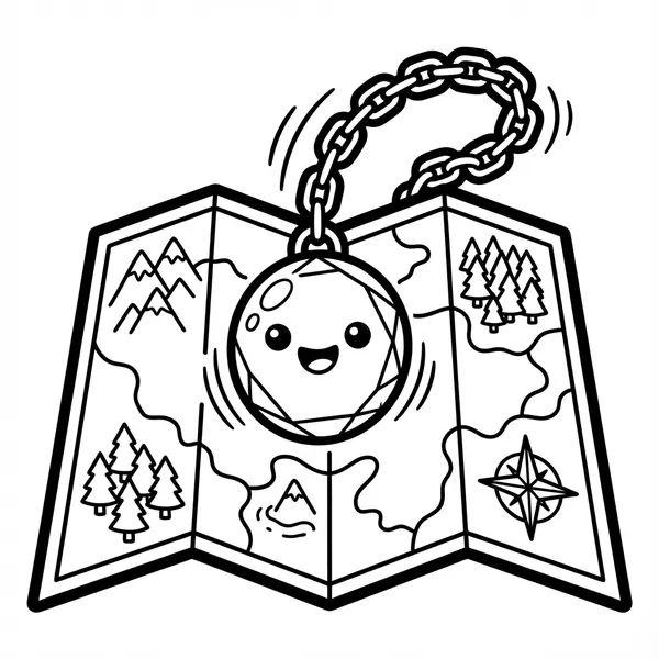 A cute smiling crystal pendulum hanging on a chain and swinging over an open folded map with mountains, forests, and a compass rose.