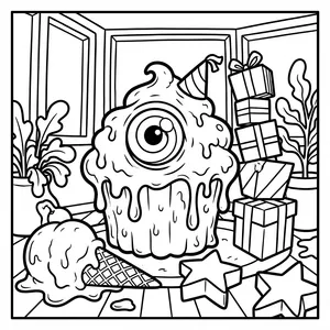 Cute one-eyed cupcake cyclops monster wearing a party hat next to stacked gift boxes, a fallen ice cream cone, and star-shaped cookies.