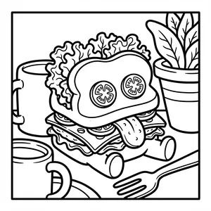 Cute layered deli sandwich monster with tomato slice eyes, leafy lettuce, and tongue hanging out sitting by a coffee mug and fork.