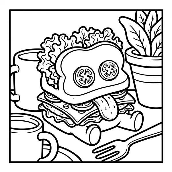 Cute layered deli sandwich monster with tomato slice eyes, leafy lettuce, and tongue hanging out sitting by a coffee mug and fork.