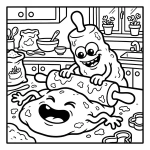 Cute rolling pin monster flattening a happy laughing dough character on a kitchen table with flour sacks and cookie cutters.