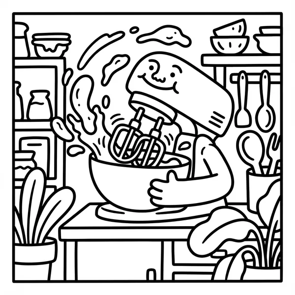 Smiling electric kitchen stand mixer monster with dual beaters spinning and splashing cake batter out of a mixing bowl.