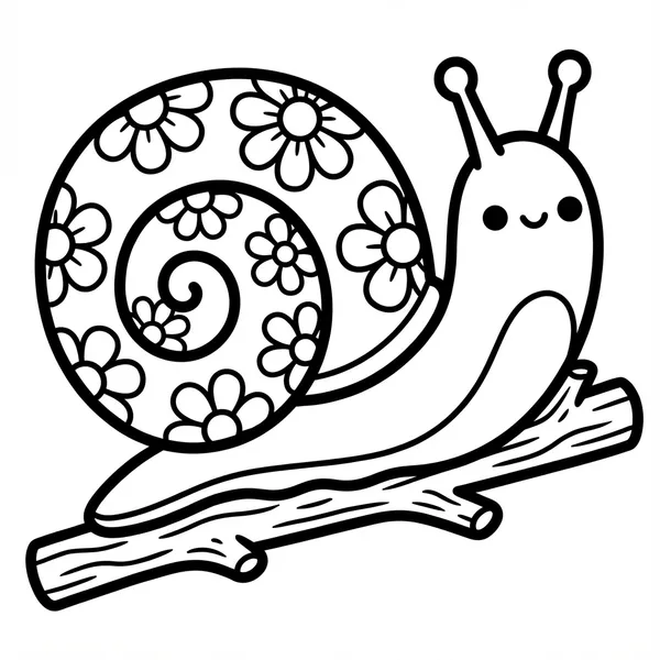 Cute smiling snail crawling on a wooden branch with decorative daisy flower patterns on its shell line art coloring page.