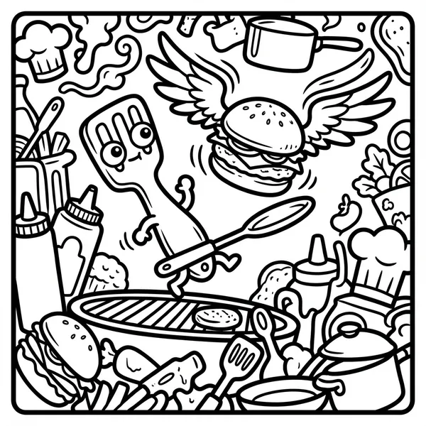 Cute cartoon spatula monster holding a spoon running after a flying winged hamburger over a barbecue grill with ketchup and fries.