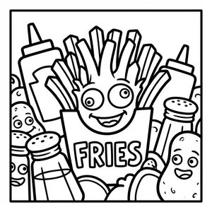 Crazy-eyed French fries box monster labeled FRIES surrounded by ketchup and mustard squeeze bottles, salt shakers, and potato friends.