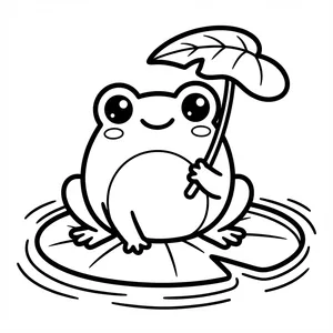 Cute smiling frog sitting on a lily pad holding a leaf umbrella in a pond line art coloring page.
