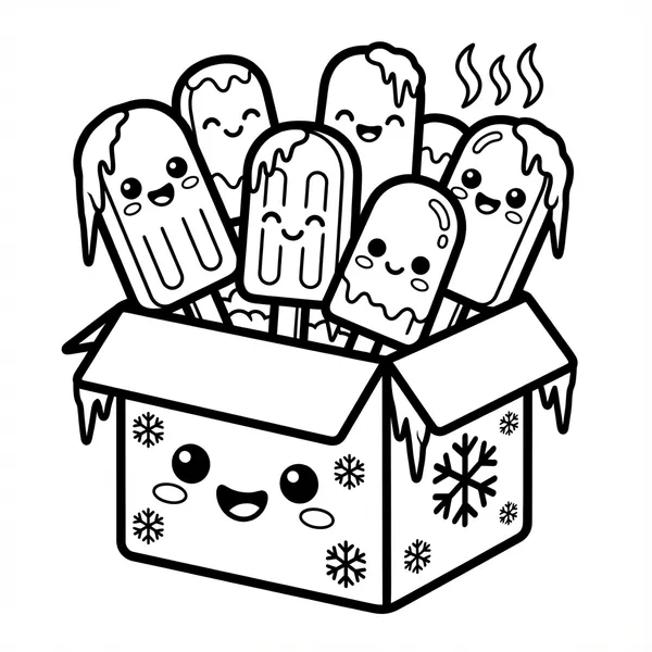 A happy frozen box decorated with snowflakes filled with a bunch of cute smiling ice cream popsicles on sticks.