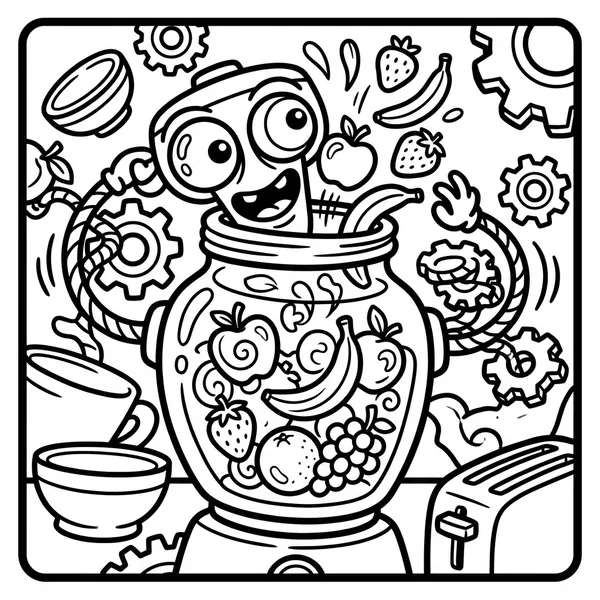 Crazy eyed blender appliance monster mixing bananas, strawberries, and apples with flexible hose arms and mechanical gears.