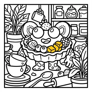 Cute fruit tart monster with kiwi ears, strawberry hat, and blueberry fruit toppings standing among teacups and houseplants.