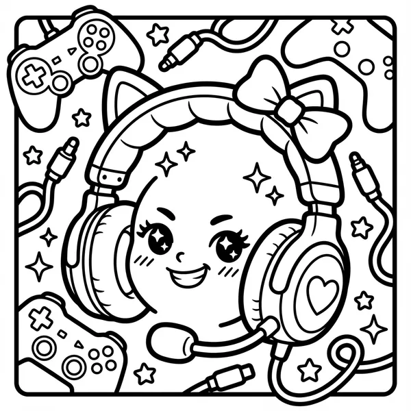 A kawaii character wearing cat-ear gaming headphones with a bow, surrounded by video game controllers, cords, and stars.