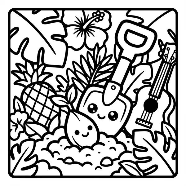 Black and white line art of a cute shovel and seed with happy faces planting in the soil, surrounded by a pineapple, hibiscus, and ukulele.