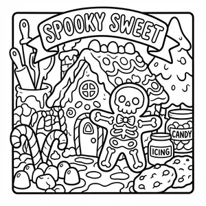 Gingerbread cookie monster with skeleton bone icing details standing in front of a candy gingerbread house under a SPOOKY SWEET banner.