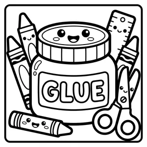 A happy glue jar labeled GLUE with a cute face, surrounded by smiling crayons, scissors, and a ruler.