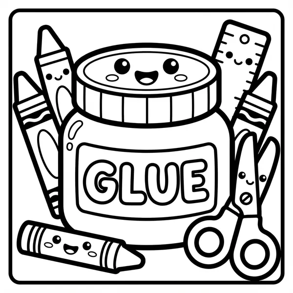 A happy glue jar labeled GLUE with a cute face, surrounded by smiling crayons, scissors, and a ruler.