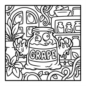 Funny grape jelly glass jar monster with dripping jelly hands labeled GRAPE, standing in a pantry with vine leaves.
