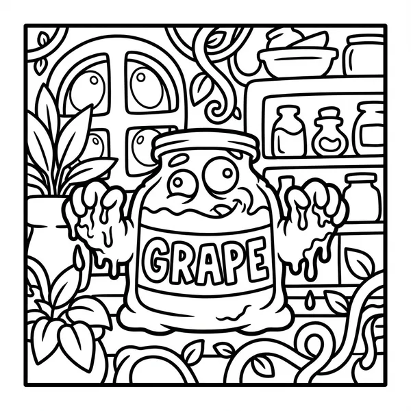 Funny grape jelly glass jar monster with dripping jelly hands labeled GRAPE, standing in a pantry with vine leaves.