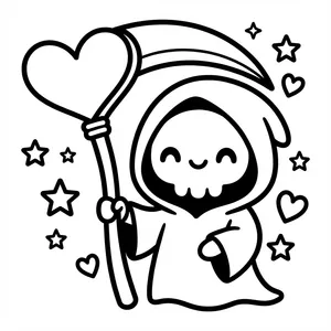 Cute Grim Reaper Coloring Page Smiling cute grim reaper with a heart scythe.
