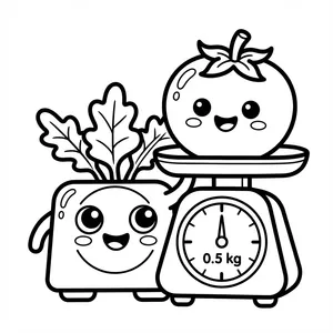 A happy kawaii tomato sitting on a kitchen produce scale weighing 0.5 kg, standing beside a cute smiling radish vegetable.