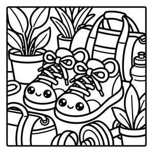 A pair of cute smiling sneakers tied with bows, surrounded by a duffel bag, water bottle, dumbbells, and potted plants.