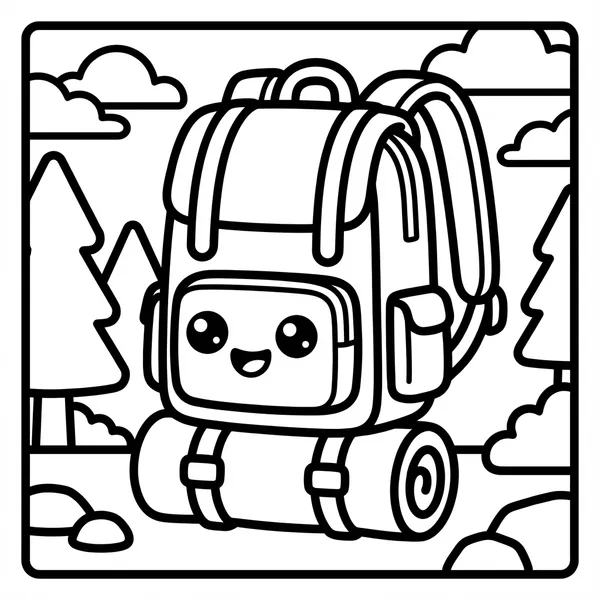An adorable hiking backpack with a happy face and sleeping bag roll, sitting on a trail surrounded by pine trees and mountains.