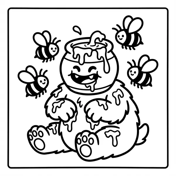 Fluffy cute bear monster sitting with a honey pot head dripping sweet honey while happy bees fly around.