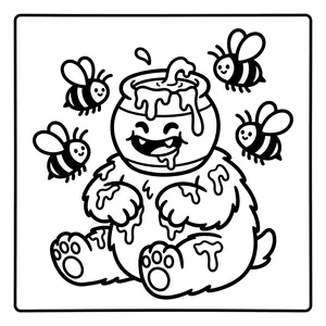 Fluffy cute bear monster sitting with a honey pot head dripping sweet honey while happy bees fly around.