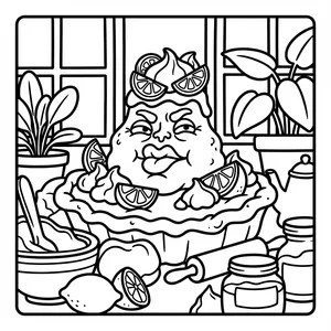 Sour grumpy lemon pie monster with puckered lips and lemon slice toppings sitting on a baking counter next to lemons and utensils.