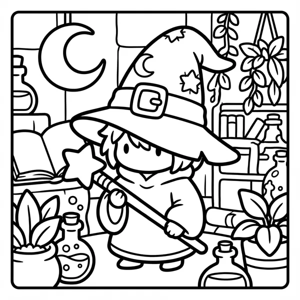 A cute chibi witch in a large starry hat holding a magical star wand, in a magical workshop with potion bottles, books, and a crescent moon.