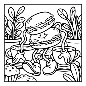 Two stacked cute macaron pastry monsters with long cartoon arms and legs sitting between two teacups and bakery treats.