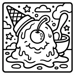 Cute single-eyed melting ice cream scoop monster with a red cherry on top wearing an upside down waffle cone hat under stars.