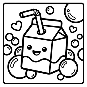 A happy kawaii milk carton with a bendy straw sticking out, surrounded by shiny floating bubbles and small hearts.
