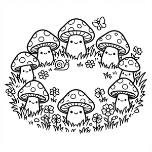 A circular ring of cute smiling polka-dot toadstool mushrooms in grass with flowers, a little snail, and a flying butterfly.