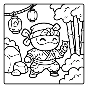 A happy chibi ninja with a classic headband holding a throwing star, standing confidently in a tranquil garden with hanging lanterns, bamboo shoots, and large rocks.