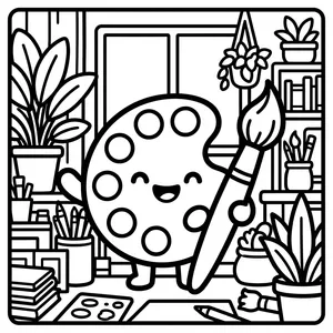 An adorable paint palette character holding a paint brush, standing in a cozy art classroom filled with plants, brushes, and art supplies.