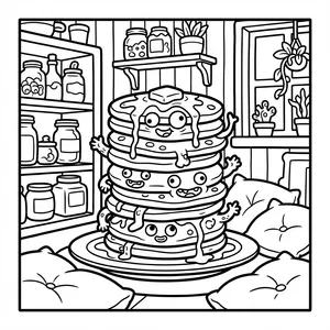 A giant stack of syrup-covered pancakes with multiple cute smiling faces, arms, and butter on top, surrounded by kitchen pantry jars.