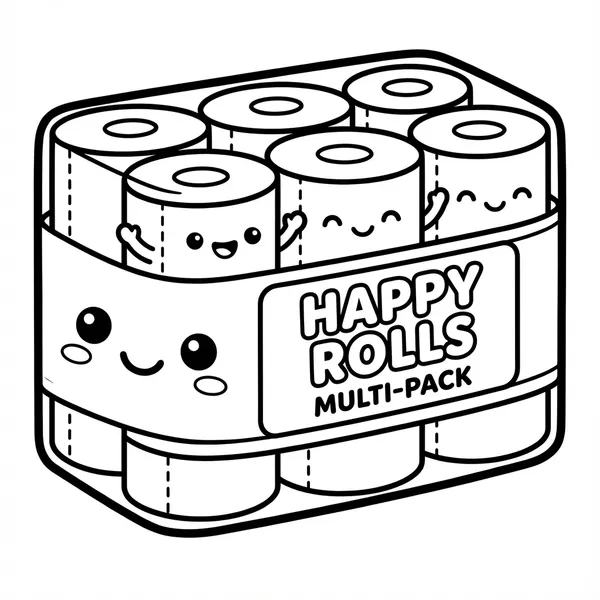 A cute multi-pack wrapper titled HAPPY ROLLS MULTI-PACK containing smiling rolls of paper towels / toilet paper.