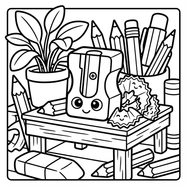 An adorable smiling pencil sharpener on a wooden table next to happy pencil shavings, pencils, erasers, and a potted house plant.
